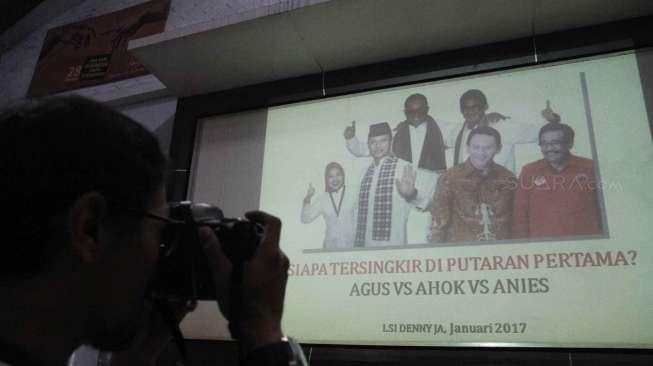 Pemaparan hasil survei mengenai elektabilitas pasangan Cagub dan Cawagub DKI Jakarta di kantor LSI, Rawamangun, Jakarta, Selasa (17/1).