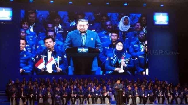 Ketua Umum Partai Demokrat, Susilo Bambang Yudhoyono, saat menyampaikan pidato dalam dies natalis Partai Demokrat di JCC Senayan, Jakarta, Selasa (7/2/2017) malam [Suara.com/Dian Rosmala]