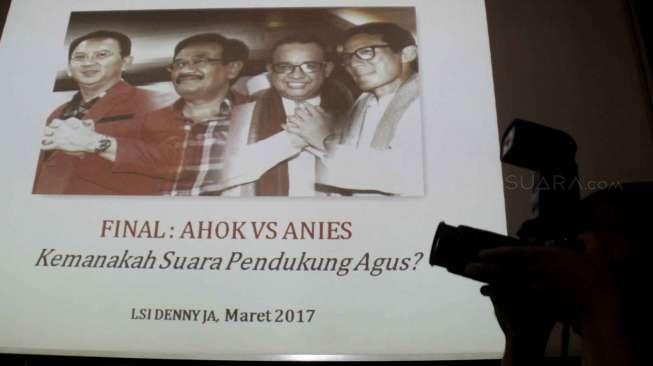 Peneliti LSI Denny JA, Adjie Alfaraby, memaparkan hasil survei bertajuk 