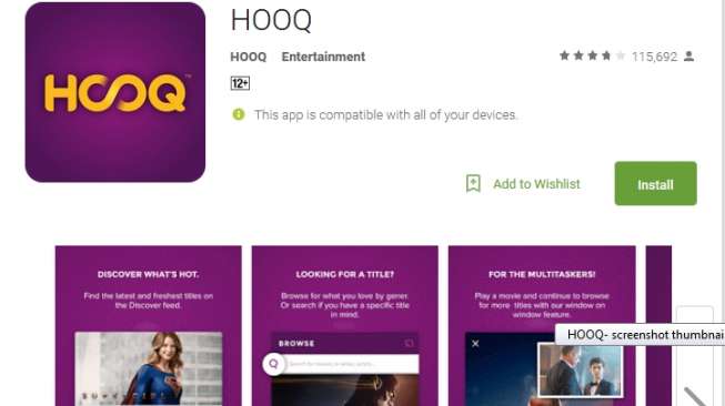 Aplikasi Hooq versi Android di Google Play Store (Google Play/Suara.com).