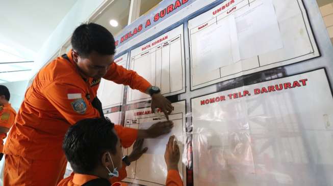 Petugas SAR menempelkan lokasi peta pencarian di Posko Evakuasi KM Mutiara Sentosa I di Gapura Surya Nusantara, Pelabuhan Tanjung Perak, Surabaya, Jawa Timur, Sabtu (20/5/2017). [Antara/Didik Suhartono]