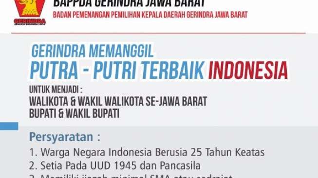 Gerindra Buka Pendaftaran Calon Bupati dan Walikota Se-Jawa Barat