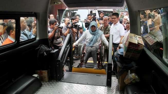 Pemudik penyandang disabilitas di Wisma Mandiri, Jakarta, Jumat (23/6).