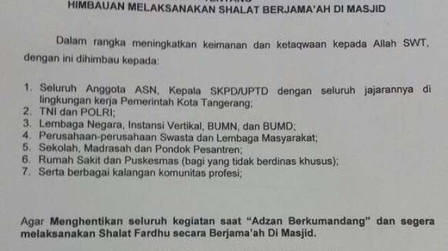 Aktivitas Bisnis dan PNS di Tangerang Diminta Berhenti saat Azan