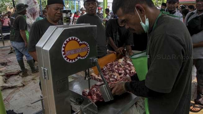 Petugas melakukan pemotongan hewan kurban di Rumah Penampungan dan Pemotongan Hewan Kurban Masjid Jami Baiturrahman Al Haq, Pesanggrahan, Jakarta, Jumat (1/9).