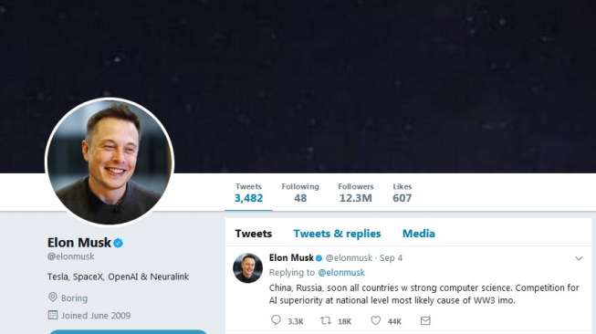 Tampilan depan akun Twitter Elon Musk, pengusaha otomotif dan antariksa asal Amerika Serikat. [Twitter/@elonmusk]