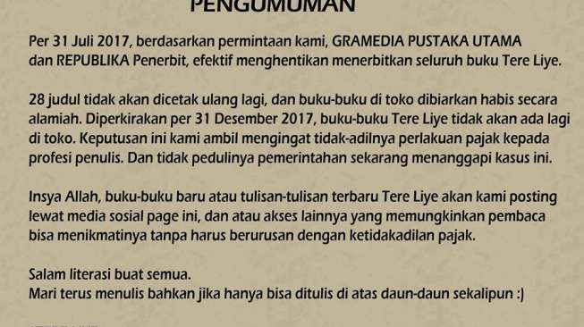 Novelis Kondang Tere Liye Protes Ketidakadilan Pajak