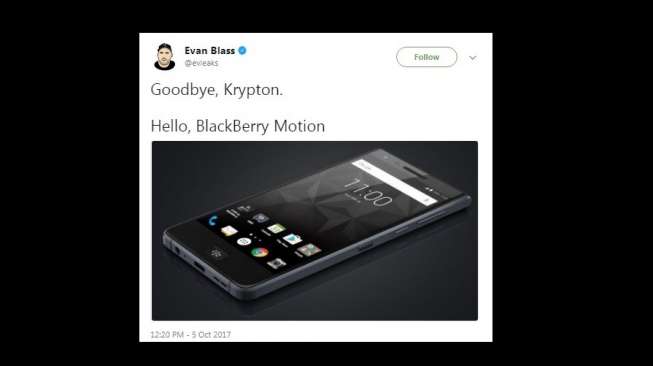 Bocoran BlackBerry Motion (Krypton). [Twitter]