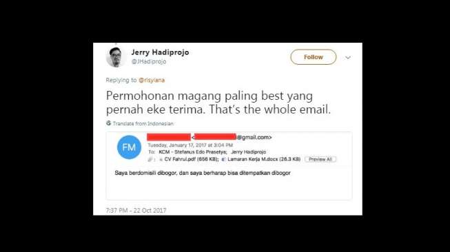 Surat permohonan magang anak Zaman Now. [Twitter]