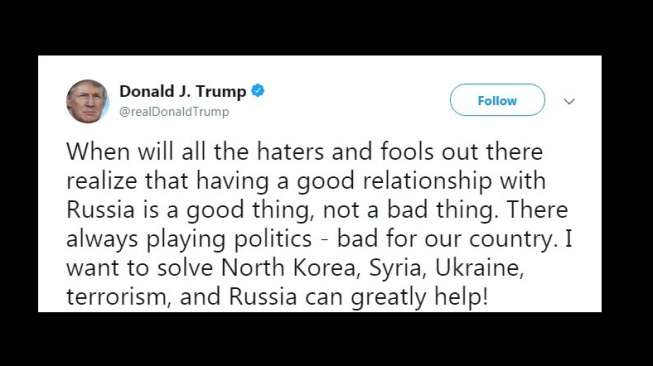 Cuitan Trump soal kerja sama dengan Rusia. [Twitter]