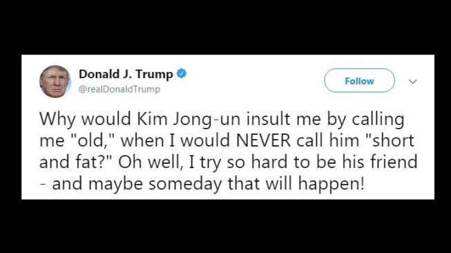 Cuitan Trump kepada Kim Jong-Un. [Twitter]