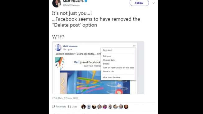 Kesulitan menghapus posting di Facebook. [Twitter]