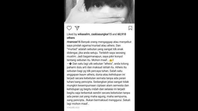 Postingan Rina Nose. [Instagram]