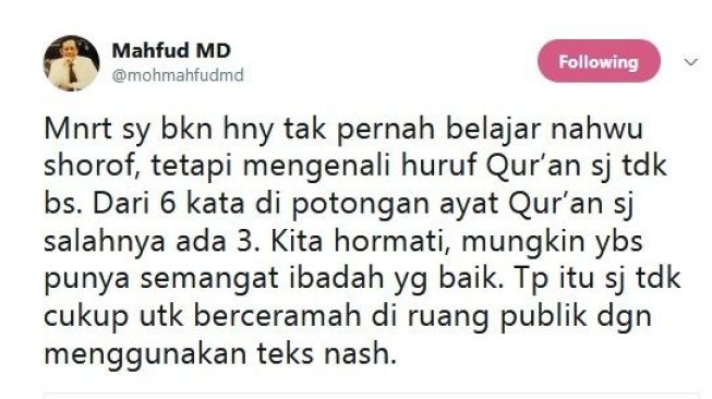 Kritik pakar hukum Mahfud MD terhadap kekeliruan penulisan ayat Alquran dalam sebuah acara di Metro TV pada Selasa (5/12). [Twitter/@mohmahfudmd]