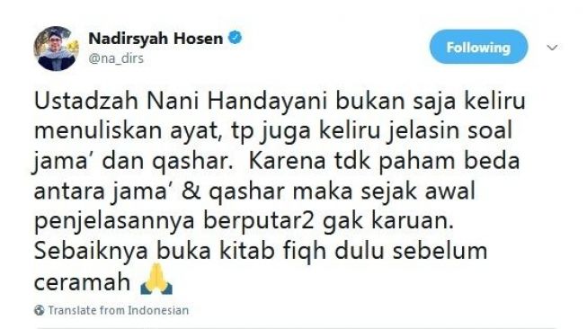 Kritik pakar hukum Nadirsyah Hosen terhadap kekeliruan penulisan ayat Alquran dalam sebuah acara di Metro TV pada Selasa (5/12). [Twitter/@na_dirs]