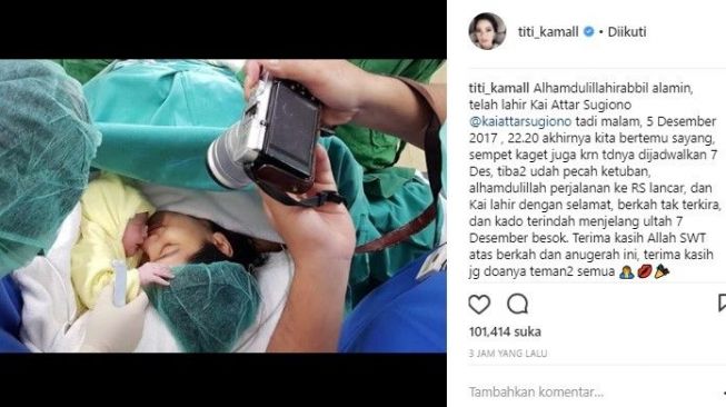 Titi Kamal melahirkan anak kedua bernama Kai Attar Sugiono. [Instagram @titi_kamall]