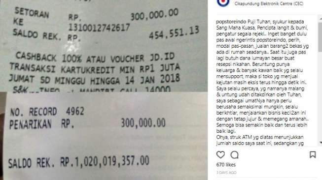 Viral! Lelaki Ini Posting Foto Struk ATM Berisi Rp1 Miliar