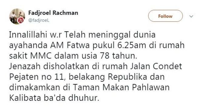 Cuitan AM Fatwa meninggal. [Twitter]