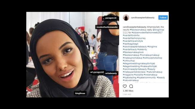 Hasil make up Carolina Septarita pada Halima Aden. [Instagram]