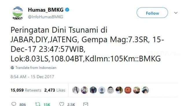 Peringatan dini tsunami dikeluarkan BMKG melalui Twitter pada Jumat malam (15/12). [Twitter/InforHumasBMGK]