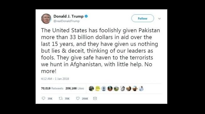 Postingan Donald Trump di tahun baru 2018. [Twitter]