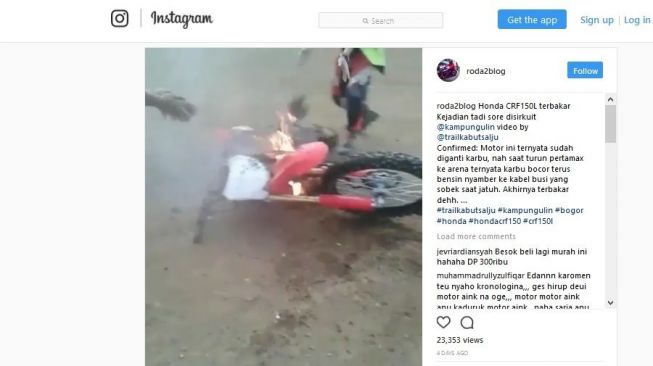 Satu unit sepeda motor CRF 150L terbakar di Lembang, Bandung, Jawa Barat pada Desember 2017. [Instagram/@roda2blog]