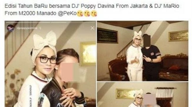 SD, istri wakil wali kota gorontalo (kiri) dan DJ Davina (kanan) saat pesta perayaan Tahun Baru 2018. [Facebook/Sherli Djou]