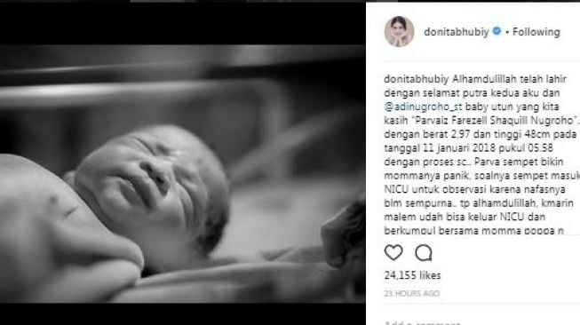 Proses persalinan Donita. [Instagram]