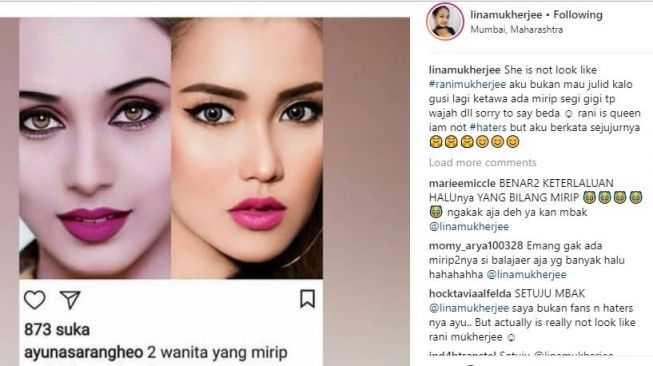 Lina Mukherjee menyebut Ayu Ting Ting tak mirip dengan Rani Mukerji. (Instagram)