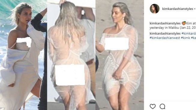 Kim Kardashian tampil seksi dalam sesi pemotretan di pantai Malibu. (Instagram)