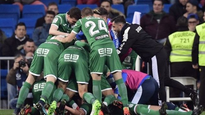 Para pemain Leganes merayakan gol keduanya ke gawang Real Madrid. JAVIER SORIANO / AFP