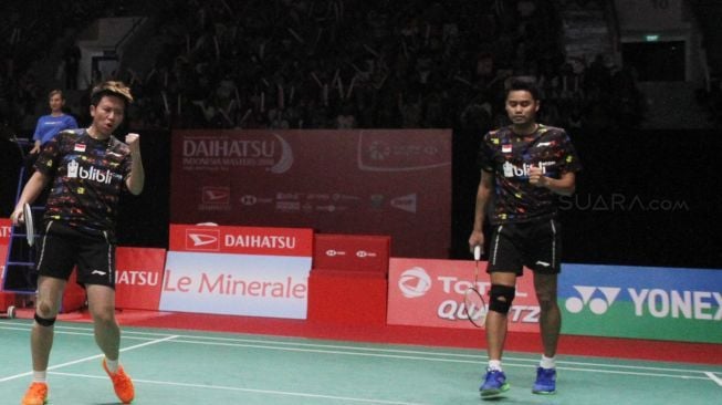 Ganda campuran unggulan pertama asal Indonesia, Tontowi Ahmad dan Liliyana Natsir melawan pasangan Cina, Zhang Nan dan Liu Xuanxuan dalam babak perempat final Indonesia Masters 2018 di Istora Senayan, Jakarta, Jumat (26/1).