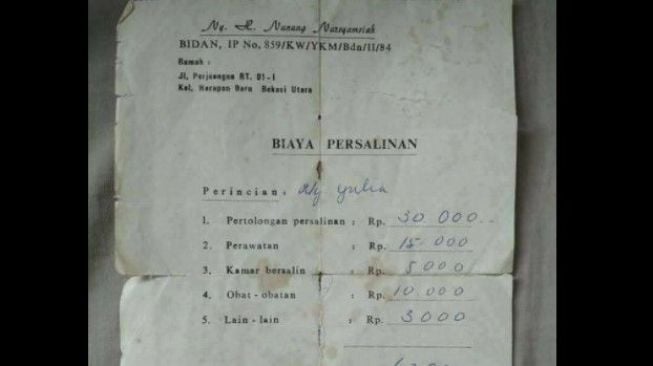 Beredar Foto Kuitansi Biaya Persalinan Tahun 1988, Murah Banget!