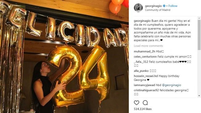 Georgina Rodriguez, kekasih Cristiano Ronaldo, merayakan ultah ke-24. [Instagram@georginagio]