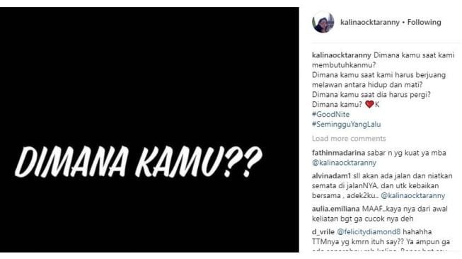 Kalina Oktarani mempertanyakan keberadaan suami. (Instagram)