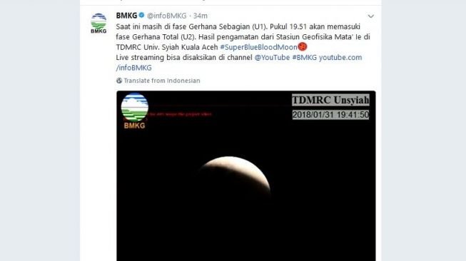 Cuplikan video gerhana bulan yang ditayangkan BMKG di akun Twitternya, Rabu (31/1). [Twitter/InfoBMKG]