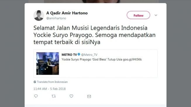 Salah satu ucapan duka dari warganet atas wafatnya Yockie Suryo Prayogo di Twitter. [Twitter/capture]