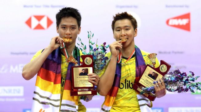 Pasangan ganda putra Indonesia, Kevin Sanjaya Sukamuljo/Marcus Fernaldi Gideon, menjuarai India Open, Minggu (4/2/2018). [Humas PBSI]