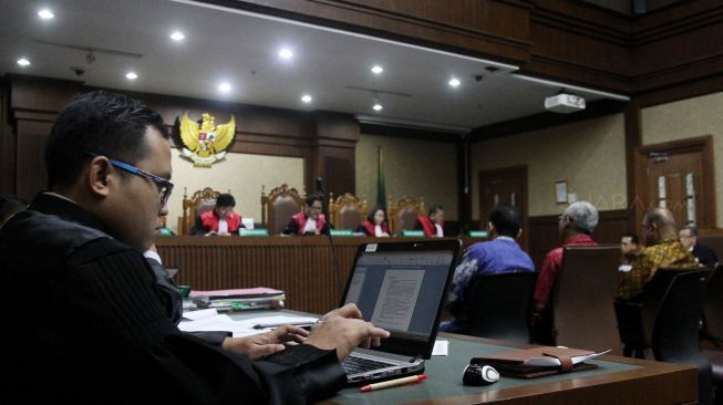 Sidang lanjutan kasus korupsi e-KTP dengan terdakwa Setya Novanto di Pengadilan Tipikor, Jakarta, Senin (19/2).