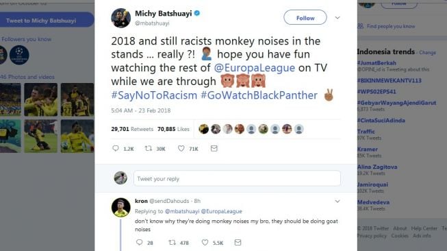 Cuitan pemain Borussia Dortmund, Michy Batshuayi, soal tindakan rasis penonton Atalanta. [Akun Twitter Michy Batshuayi/screenshot]