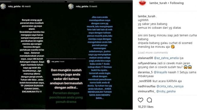 Roby Geisha curhat mengenai rumah tangganya di Instagram.