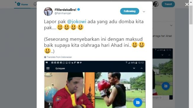 Wakil Ketua DPR Fahri Hamzah mengunggah sebuah foto dirinya dan Presiden Joko Widodo seolah-olah ingin berkelahi. (screen shoot)