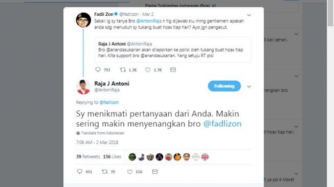 Tweet Fadli Zon ke Raja Juli Antoni 