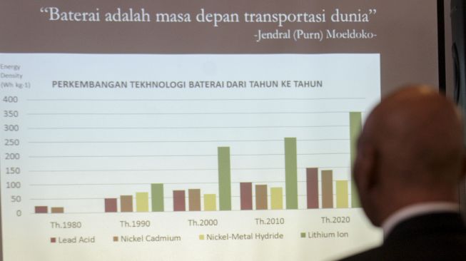 Direktur Teknik PT. Mobil Anak Bangsa (MAB) Bambang Tri Soepandji yang akrab disapa Ongky saat memberikan pemaparan cara kerja bus listrik di sela-sela berlangsungnya rangkaian pameran GIICOMVEC 2018, di Jakarta Convention Center, Jakarta, Minggu (4/3/2018) [Suara.com/Kurniawan Mas'ud]