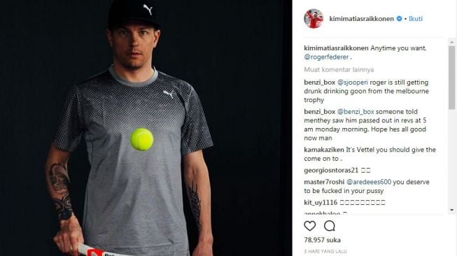 Kimi Raikkonen tantang Roger Federer main tenis. [Instagram@kimimatiasraikkonen]