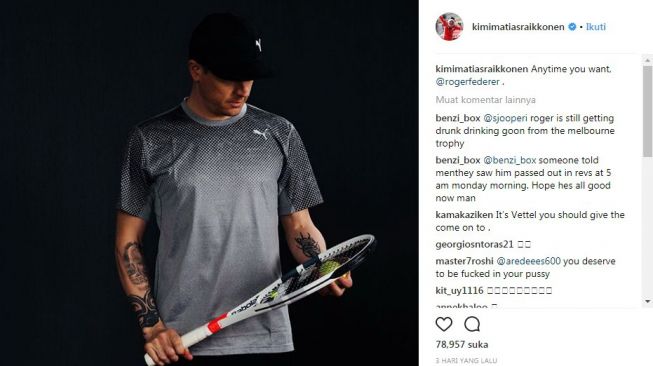 Kimi Raikkonen tantang Roger Federer main tenis. [Instagram@kimimatiasraikkonen]