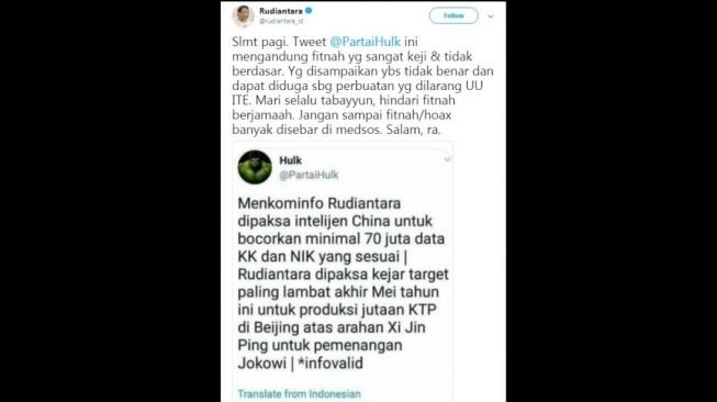 Postingan Rudiantara. [Twitter]