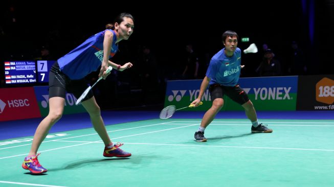 Pasangan ganda campuran Indonesia, Hafiz Faisal/Gloria Emanuelle Widjaja, di babak kedua All England 2018, Kamis (15/3). [HUmas PBSI]