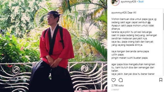 Postingan Ayumi Harada, anak almarhum Chef Harada. [Instagram] 