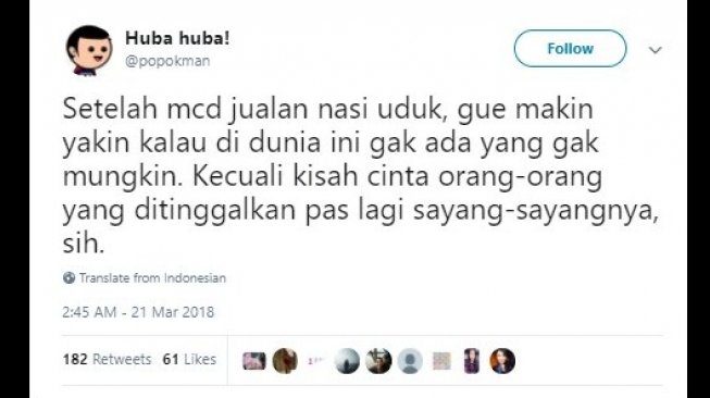 Kicauan warganet soal menu Nasi Uduk McDonalds. [Instagram]